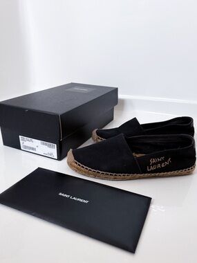 Saint Laurent Canvas Espadrilles Size 37 Black YSL Logo Slip On Flats Authentic